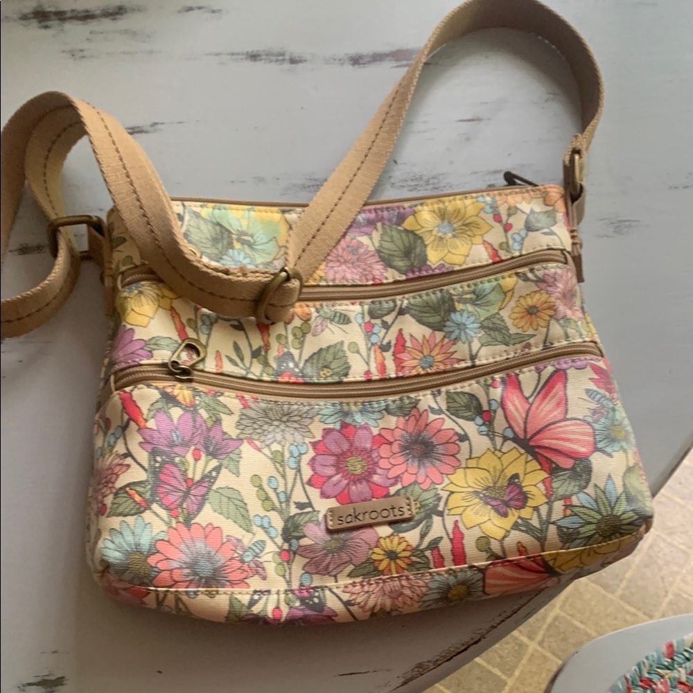 Sakroots Cream and Tan Crossbody Bag with Vintage Floral Charm